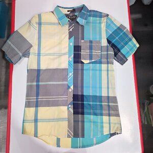 Volcom short sleeve button down shirt blue yellow plaid men's size M slim fit